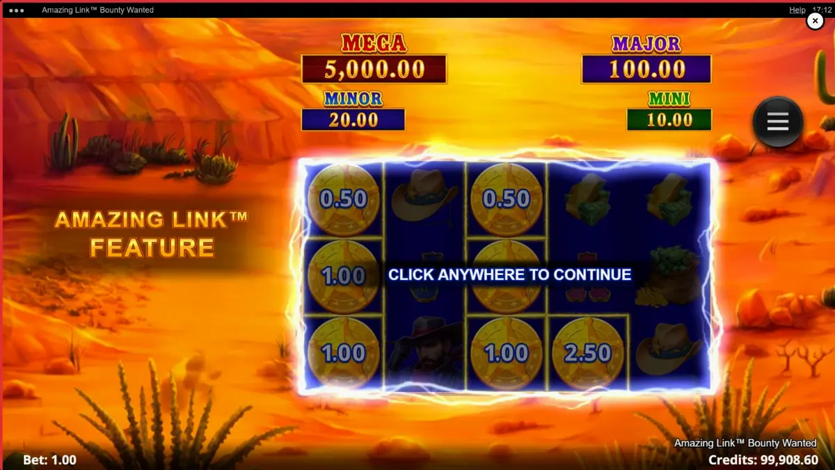 Amazing Link Bounty Wanted slot game interface featuring desert theme and gunslinger silhouettes