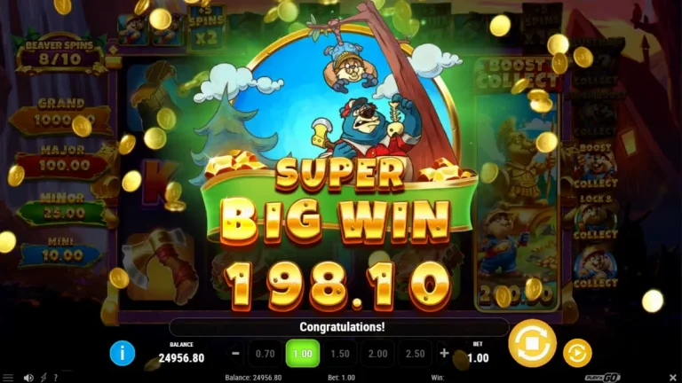 Pemandangan hutan yang indah dengan karakter berang-berang dalam slot Gnaw’n Gold