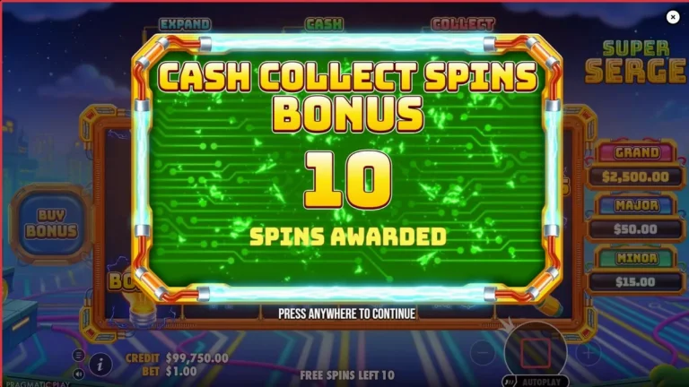 Tampilan layar utama slot Super Serge dengan tema neon futuristik dan mekanik listrik.