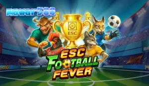 Tampilan visual slot ESC Football Fever dengan latar belakang stadion sepak bola yang megah dan simbol-simbol kemenangan.