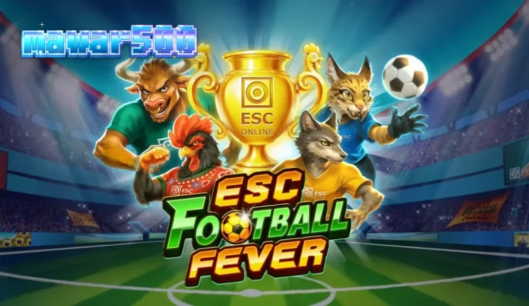 Tampilan visual slot ESC Football Fever dengan latar belakang stadion sepak bola yang megah dan simbol-simbol kemenangan.